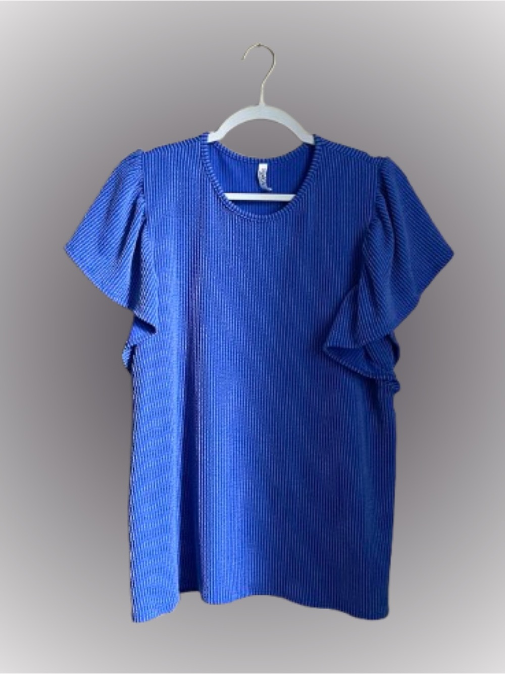Textured rib 2 Hearts blue ruffle sleeve shortsleeve top sz Large